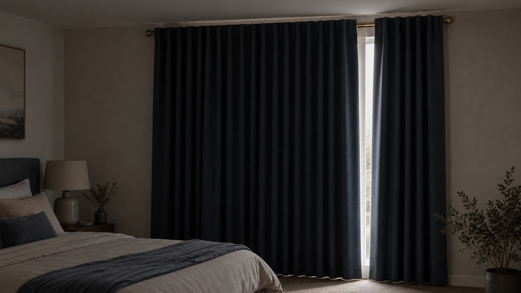 Dark blackout curtains with a narrow side light gap