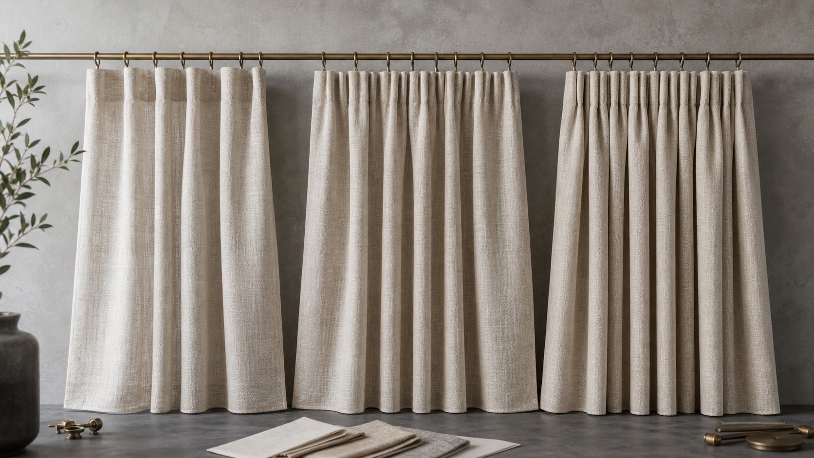 Curtain fabric samples showing different fullness levels