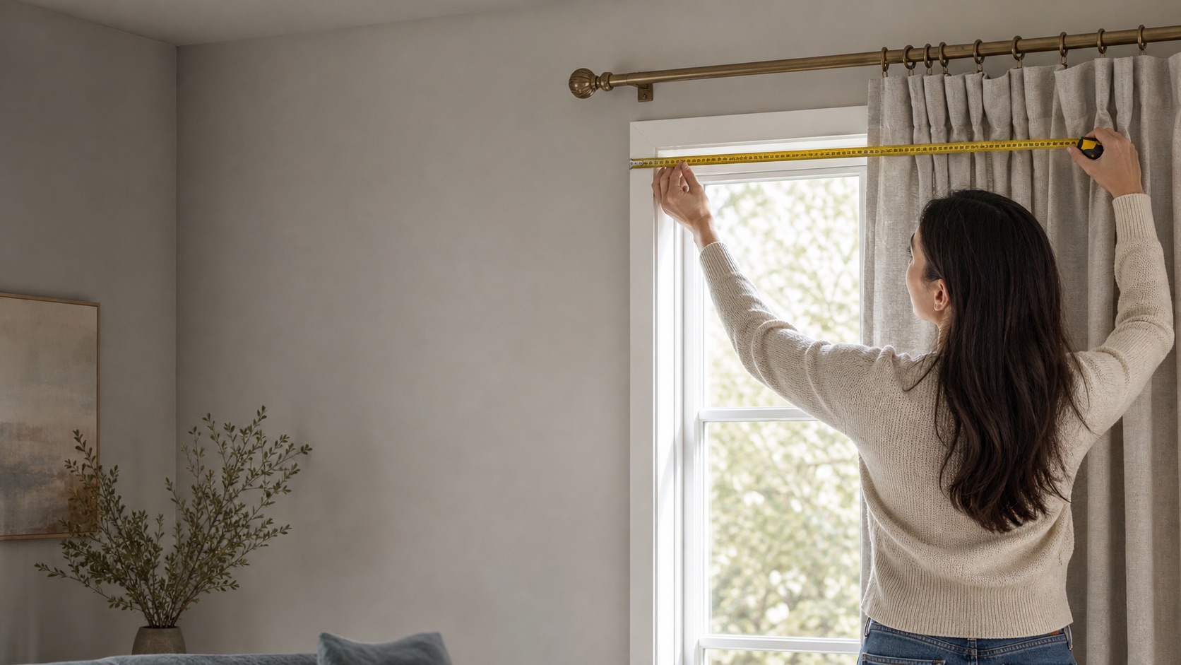 Person measuring a curtain rod and window with a tape measure