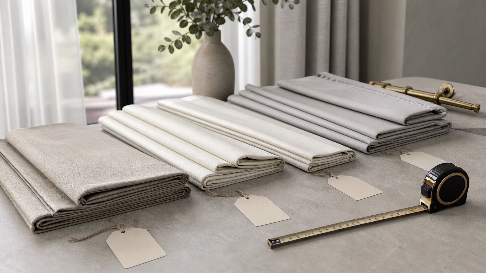Folded ready-made curtain panels with a tape measure