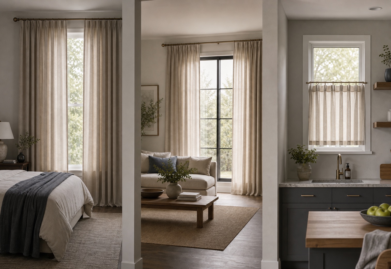 Bedroom living room and kitchen curtains in one home interior