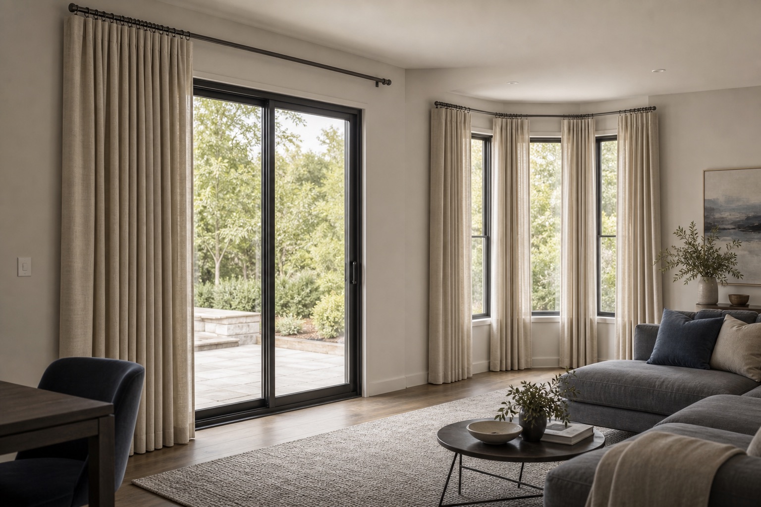 Curtains on a sliding glass door and bay window