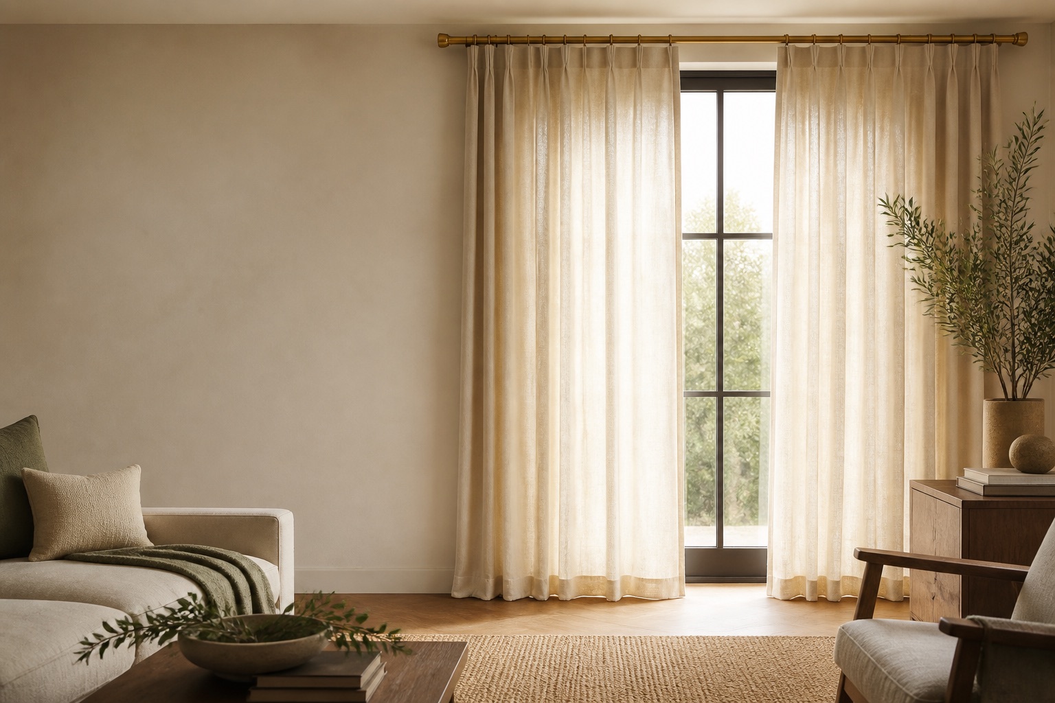 Warm living room with ivory linen curtains on a brass rod